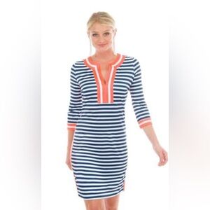 GRETCHEN SCOTT Hinckley Jersey Dress Navy White Stripe Orange Preppy Size Small
